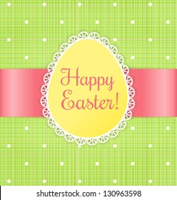 Retro Easter card. Label with lace on green textile background with polka dots.