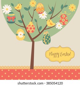 Retro Easter card with a tree, painted eggs, chicks, flowers and other cute elements