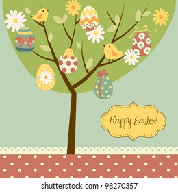 Retro Easter card with a tree, painted eggs, chicks, flowers and other cute elements