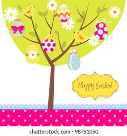 Retro Easter card with a tree, painted eggs, chicks, flowers and other cute elements