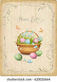 Retro Easter Card. Vector basket full of eggs and spring flowers and butterflies