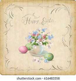 Retro Easter Card. Vector vintage postcard with a frame, spring flowers in white cup and painted eggs