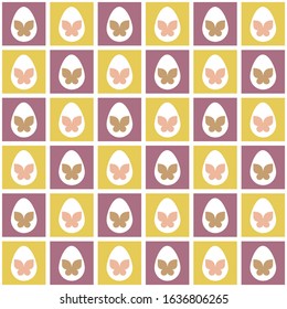 Retro easter egg with butterfly vector texture background. Mosaic decorated vintage eggs 50's seamless pattern. Seasonal scrapbook paper, stationery, home decor swatch. Spring style all over print.