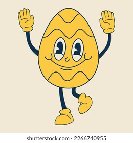 Retro easter egg mascot. Cute character in trendy retro 60s 70s cartoon style. Vector hand drawn illustration