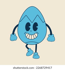 Retro easter egg mascot. Cute character in trendy retro 60s 70s cartoon style. Vector hand drawn illustration