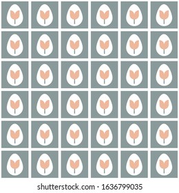 Retro easter egg with tulip flower vector texture background. Mosaic decorated vintage eggs 50's seamless pattern. Seasonal scrapbook paper, stationery, home decor swatch. Spring style all over print.