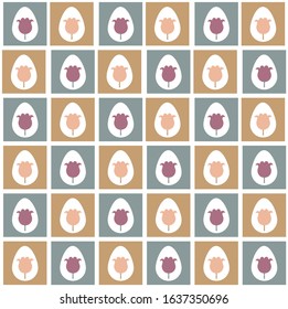  Retro easter egg tulip flower vector texture background. Mosaic decorated vintage eggs 50's seamless pattern. Seasonal scrapbook paper, stationery, home decor swatch. Spring style all over print.
