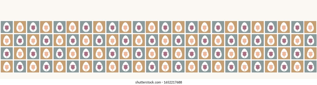 Retro Osterei mit Tulpenblume Vektorillustration, Randhintergrund. Mosaik dekorierte Vintage-Eier 50er Jahre nahtlose Banner-Muster. Saisonales Scrapbook Band, kawaii Schreibwaren. Waschband im Frühlingstil