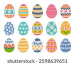 Retro Easter eggs set. Eggs with patterns of flowers, hearts, 
