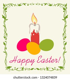 Retro Easter greeting card with candle and painted eggs