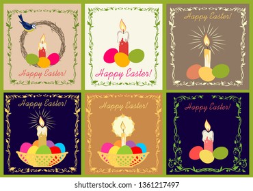 Retro Easter greeting cards collection with candle and painted eggs