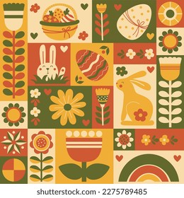 Afiche de fondo minimalista de Pascua Retro. Patrón geométrico cuadrado moderno de azulejos con conejo, cesta, flores y formas geométricas en estilo plano. Ilustración del vector
