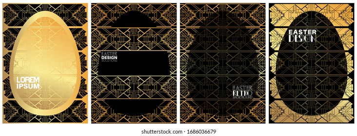 Retro Easter poster template set with geometric patterns. Creative abstract egg shapes. Holiday cover design collection. Vector EPS 10.