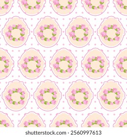 Retro Easter seamless pattern with dots and vintage frames with flowers