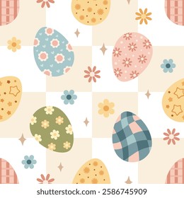 Retro Easter seamless pattern. Groovy Easter eggs pattern. Easter digital paper. Hand drawn vector pattern in flat style