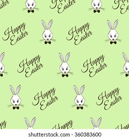 Retro Easter seamless pattern with rabbits and greeting text on a green background.