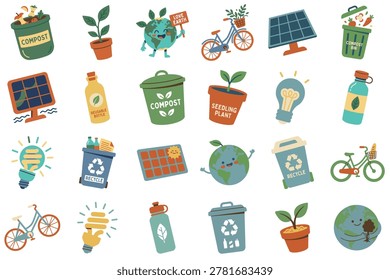 Retro Eco Classroom Objects Collection with Recycle Bin Solar Panel Bicycle and Earth Mascot Flat Vector Illustration Set