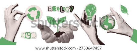 Retro eco collage set with halftone hands holding green plant, lightbulb, earth globe and recycling sign. Sustainable energy, environment protection and ecology concept vector illustration