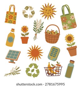 Retro Eco Lifestyle Objects Collection with Solar Panel Tote Bag Reusable Bottle and Organic Symbols Flat Vector Illustration