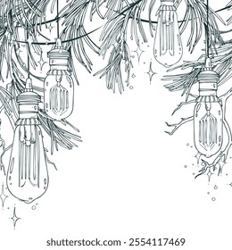 Retro Edison bulbs hanging with pine branches with stars and lights. Line art is a simple hand-drawn illustration in black and white ink. Template, frame, decorative framing vector EPS Christmas card
