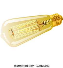 Retro Edison Light Bulb With Golden Cap Isolated On A White Background. Cartoon Vector Close-up Illustration.