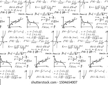 Retro education background. Trigonometry law theory, mathematical formulas and equations on white board. Vector hand-drawn seamless pattern on blackboard.