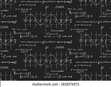 Retro education background. Trigonometry law theory and mathematical formula equation on chalkboard. Vector hand-drawn seamless pattern.