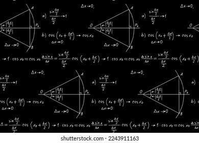 Retro education background. Trigonometry law theory and mathematical formula equation on chalkboard. Vector hand-drawn seamless pattern.
