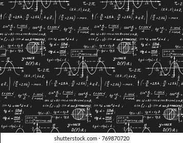 Retro education background. Trigonometry law theory and mathematical formula equation on chalkboard. Vector hand-drawn seamless pattern.