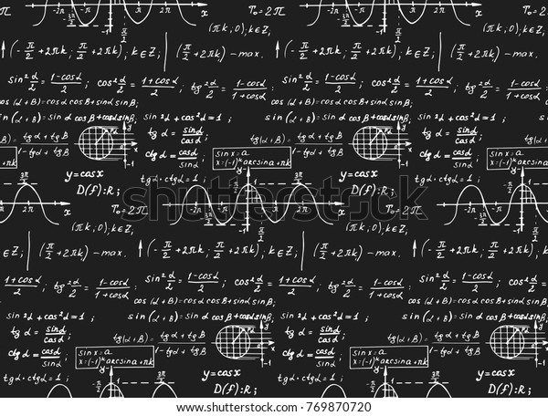 复古教育背景 黑板上的三角法理论和数学公式方程 J 矢量手绘无缝图案 库存矢量图 免版税