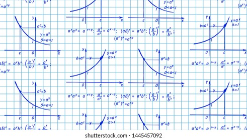 Retro education and scientific background. Math law theory and mathematical formula, equation and scheme on notebook page. Vector hand-drawn seamless pattern.