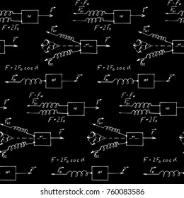 Retro education and scientific background. Physics law theory and mathematical formula, equation and outlines on blackboard. Vector hand-drawn seamless pattern.