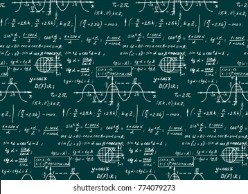 Retro education and scientific background. Trigonometry law theory and mathematical formula equation on school board. Vector hand-drawn seamless pattern.