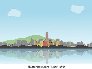 Retro Eight Bit City Skyline with Reflections Background - Vector Illustration