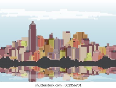 Retro Eight Bit City Skyline With Reflections Background - Vector Illustration