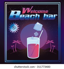 Retro eighties juice glass, beach background, welcome label