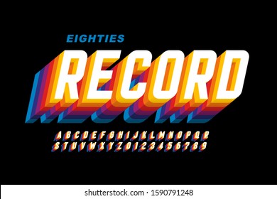 Retro eighties style font, alphabet letters and numbers, vector illustration