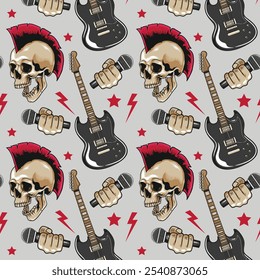 Retro Electric Guitar, Microphone, Grunge Punk Skull Rock Music seamless pattern music background vector illustration for textiles, wallpaper, wrapping