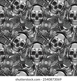 Retro Electric Guitar, Microphone, Vinyl, Skull Head Rock Music in black and white seamless pattern music background vector illustration for textiles, wallpaper, wrapping