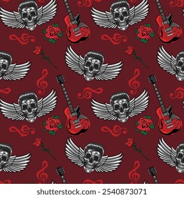 Retro Electric Guitar, Red Roses, Grunge Skull with Wings Rock Music seamless pattern music background vector illustration for textiles, wallpaper, wrapping