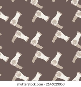 Retro electric hair dryer seamless pattern. Background with appliances for barber in doodle style. Repeated design texture for printing, fabric, wrapping, wallpaper, tissue. Vector illustration.