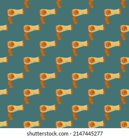 Retro electric hair dryer seamless pattern. Background with appliances for barber in doodle style. Repeated design texture for printing, fabric, wrapping, wallpaper, tissue. Vector illustration.