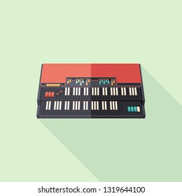 Retro electric organ flat square icon with long shadows.