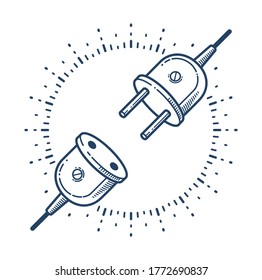 Retro electric plug in unplugged vector linear icon, power electricity or technology concept, connection.