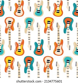 Retro electro guitars seamless pattern. Hand drawn colorful illustrations in simple doodle cartoon childish style. Ideal for baby textiles, wallpaper, wrapping paper