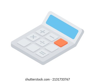 Calculadora electrónica retro con ilustración vectorial isométrica en pantalla y botones. Dispositivo de contabilidad vintage para el cálculo de matemáticas financieras de balance. Equipo educativo de negocios aislado