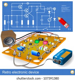 Retro electronic device, along with blueprint scheme.