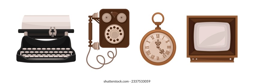 Retro Electronic Device with Telephone, Clock, Television and Typewriter Vector Set