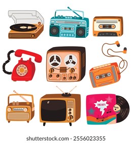 Retro electronic equipments set.Vinyl player, reel-to-reel tape recorder, telephone, TV, boombox, radio, cassette, player with headphones.Vector devices from the 80s.Cartoon flat color illustration.