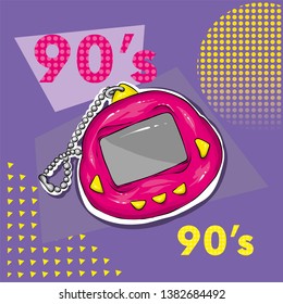 Retro electronic toy. Vector illustration for greeting card or poster, print on clothes. 90s, 80s. Tamagochi.